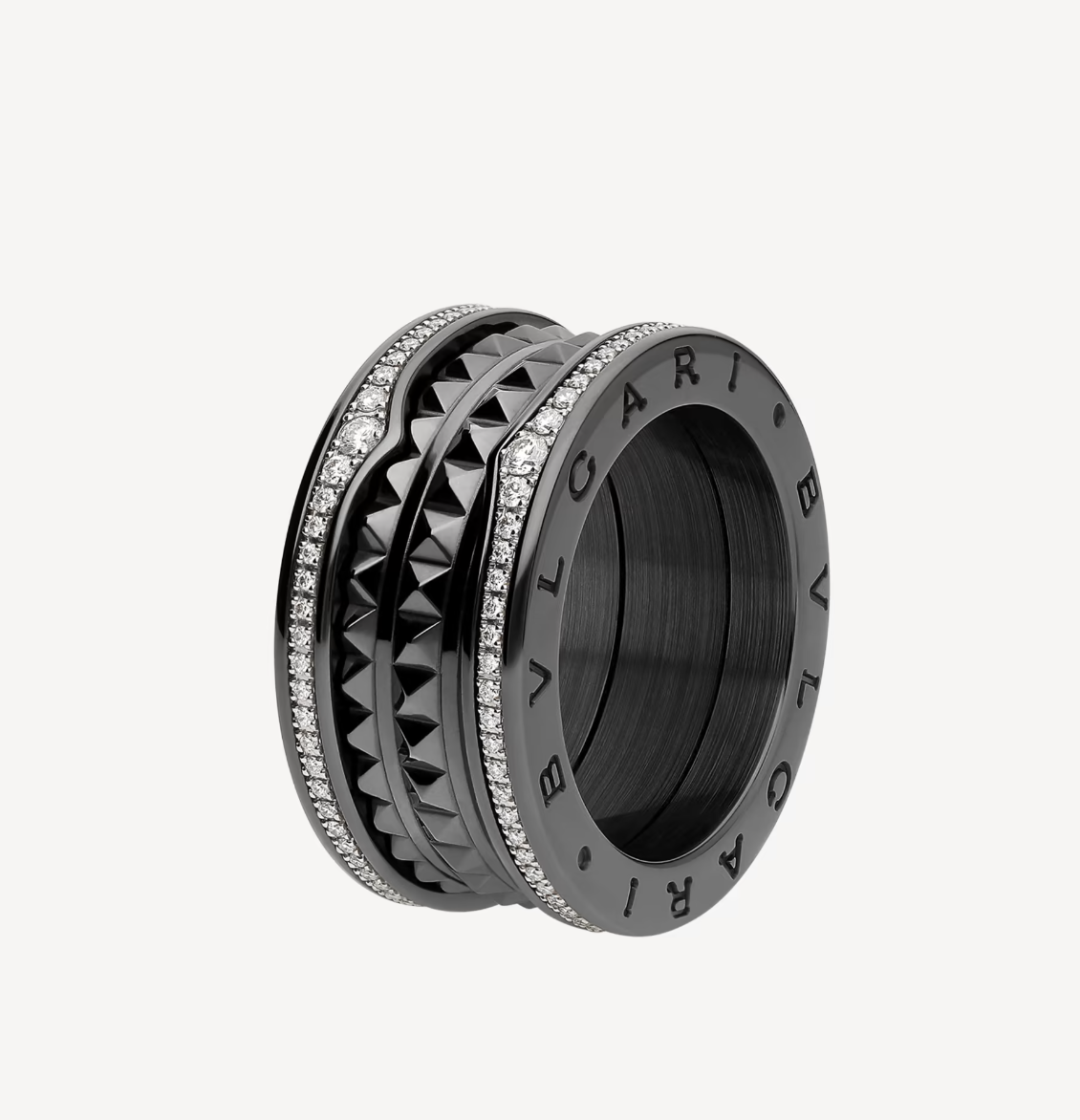 [⭐Glow Muse ]ZERO 1 ROCK FOUR-BAND BLACK CERAMIC WITH STUDDED SPIRAL AND PAVED DIAMONDS RING