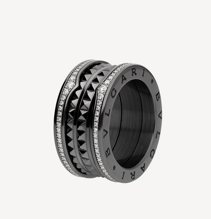 [⭐Glow Muse ]ZERO 1 ROCK FOUR-BAND BLACK CERAMIC WITH STUDDED SPIRAL AND PAVED DIAMONDS RING