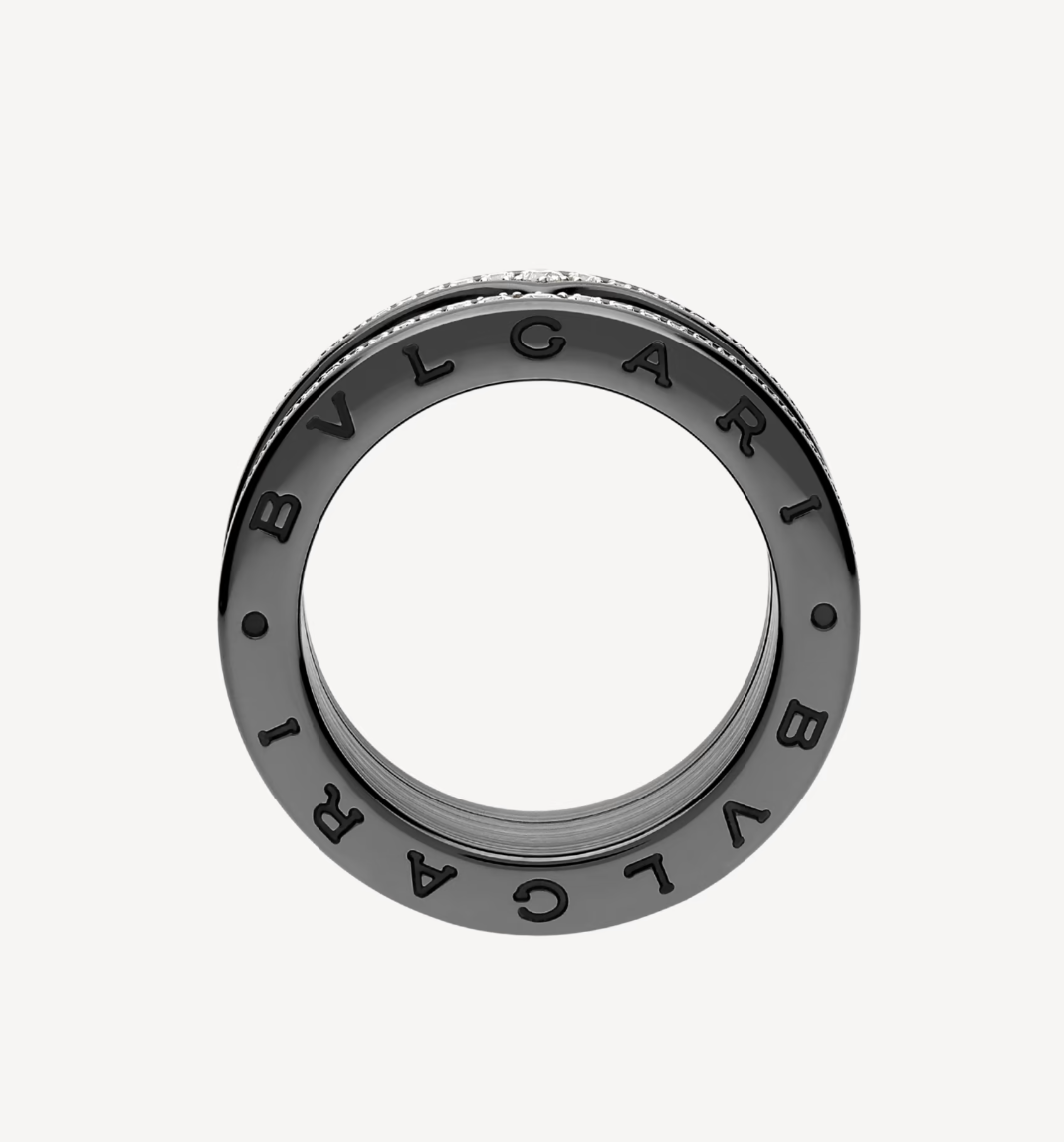 [⭐Glow Muse ]ZERO 1 ROCK FOUR-BAND BLACK CERAMIC WITH STUDDED SPIRAL AND PAVED DIAMONDS RING