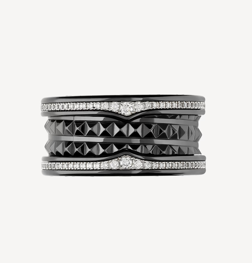 [⭐Glow Muse ]ZERO 1 ROCK FOUR-BAND BLACK CERAMIC WITH STUDDED SPIRAL AND PAVED DIAMONDS RING