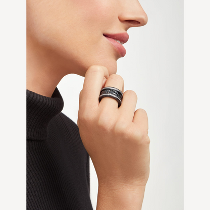 [⭐Glow Muse ]ZERO 1 ROCK FOUR-BAND BLACK CERAMIC WITH STUDDED SPIRAL AND PAVED DIAMONDS RING